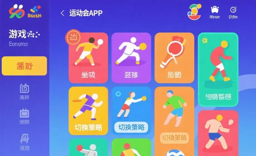 运动会app的游戏界面，显示多种不同的体育项目图标和切换策略的提示，色彩丰富，界面友好