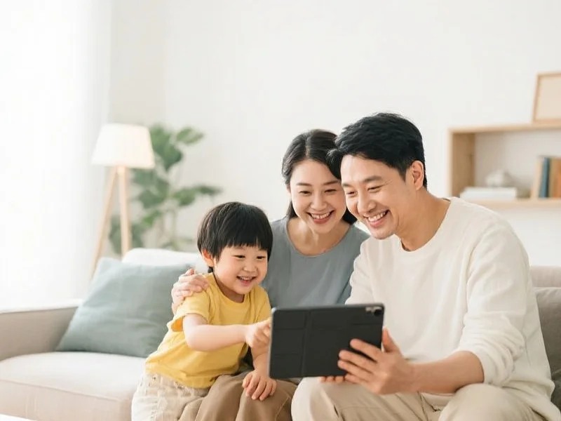 一家人在明亮客厅里愉快地使用平板电脑观看数字娱乐内容,氛围温馨健康