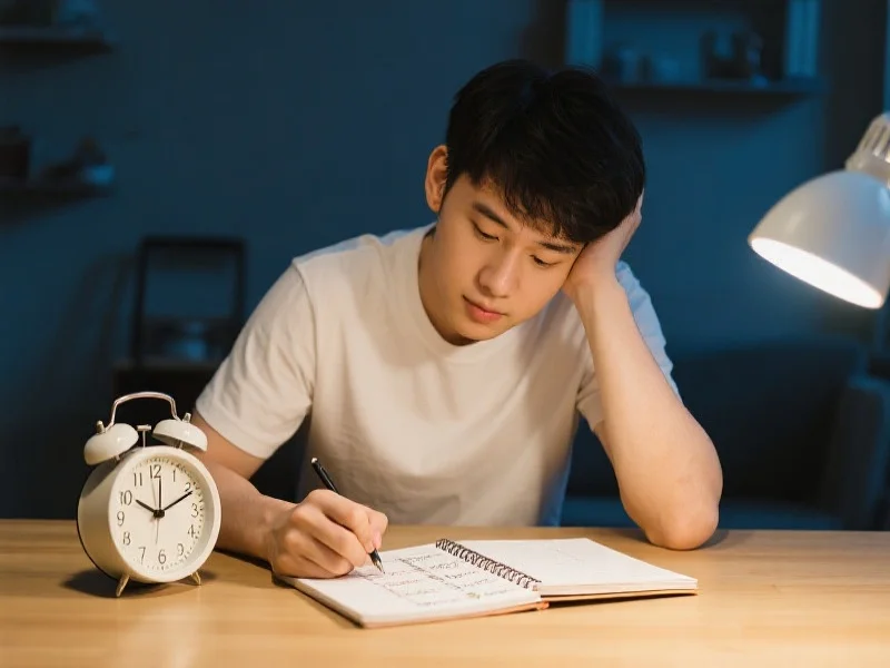 一个年轻人坐在桌前,手旁有时钟和笔记本,专注地为自己制定娱乐时间计划